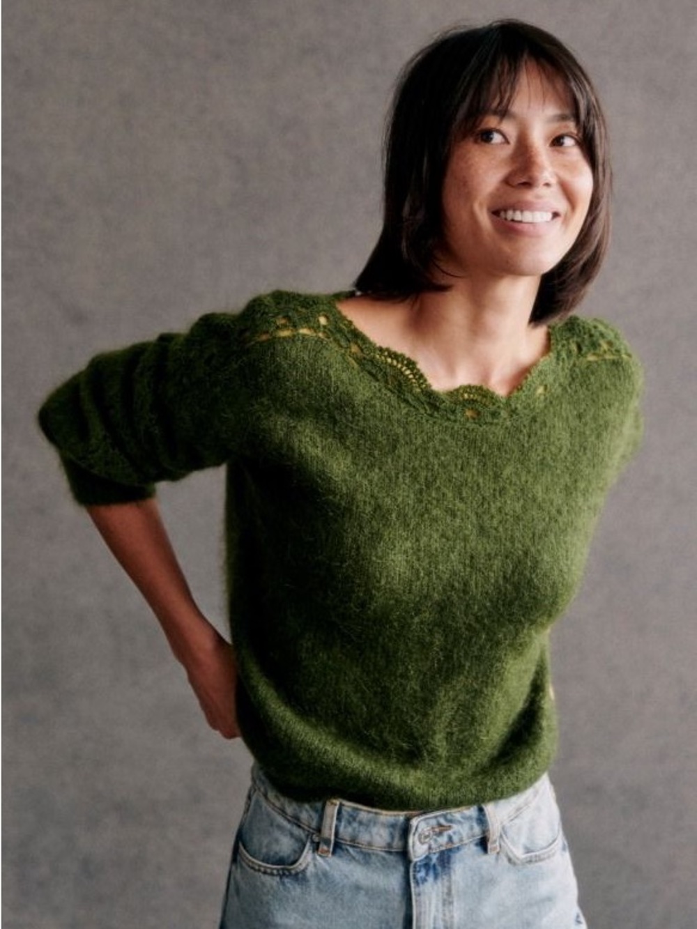 Sézane Stacy Jumper Women's Olive Green Fuzzy boatneck knit Sweater XXS
